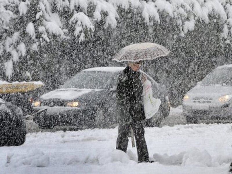 Person with Umbrella in Snow — White, Cold, Winter, Photograph