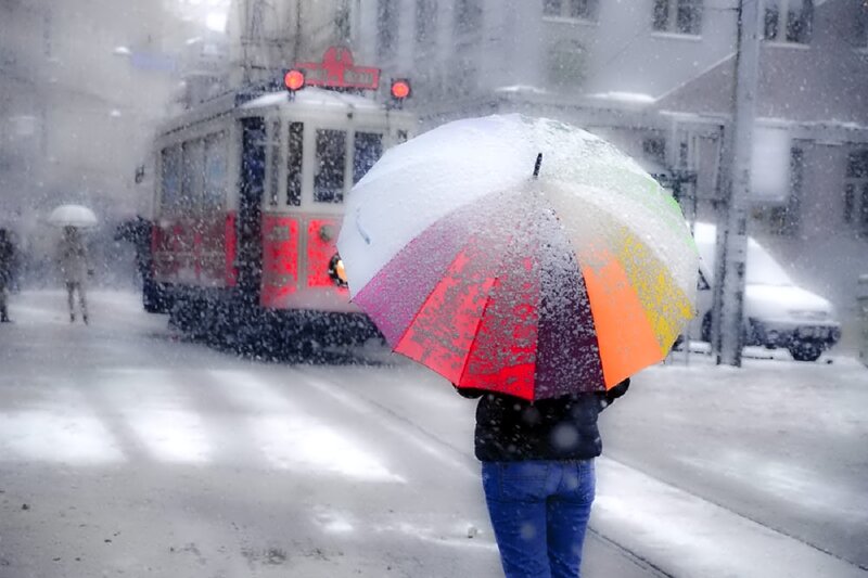 Person with Umbrella in Snow — White, Cold, Winter, Photograph, Tram