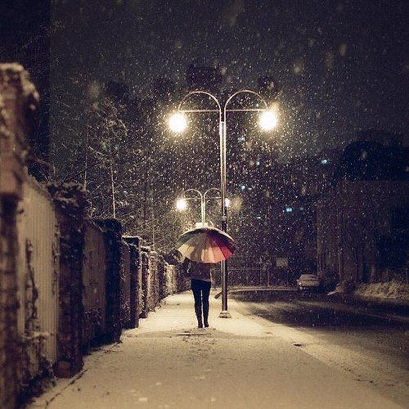 Person with Umbrella in Snow — White, Quiet, Night