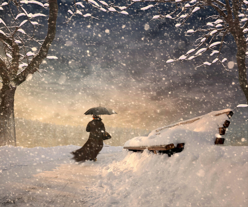 Person with Umbrella in Snow — White, Serene