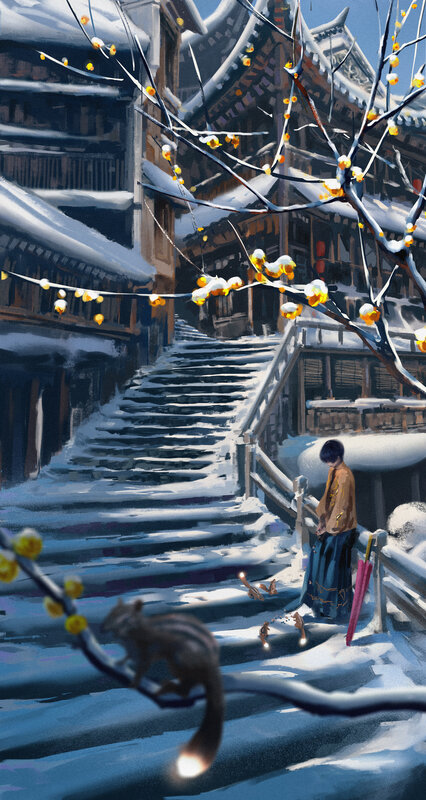 Person with Umbrella in Snow — White, Serene, Winter, Digital Art