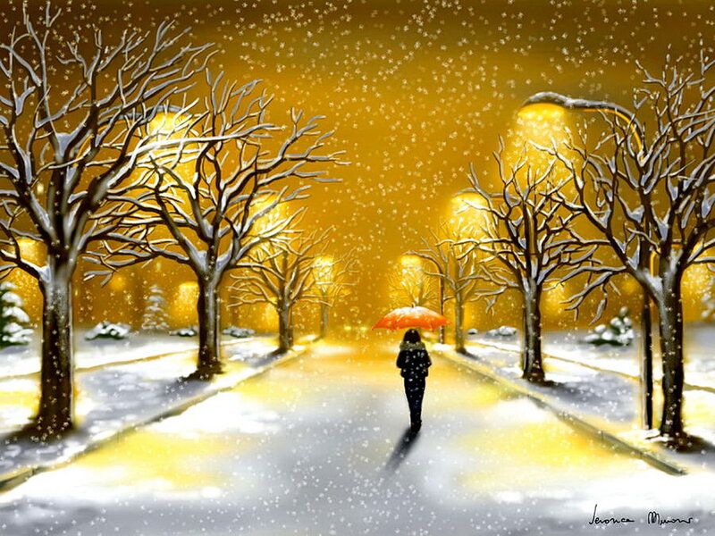 Person with Umbrella in Snow — Yellow