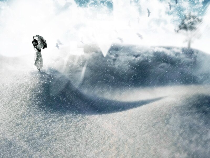 person with umbrella in storm