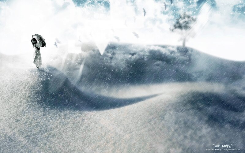 Person with Umbrella in Storm — White, Dramatic, Digital Art