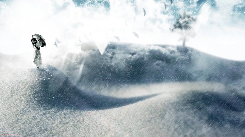 Person with Umbrella in Storm — White, Dramatic