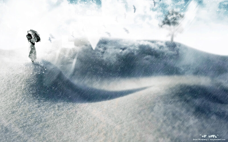 Person with Umbrella in Storm — White