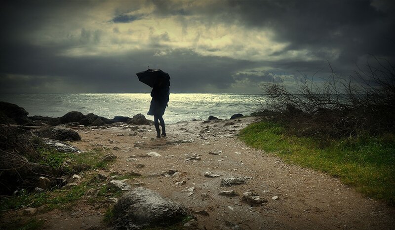 Person with Umbrella on Beach — Gray