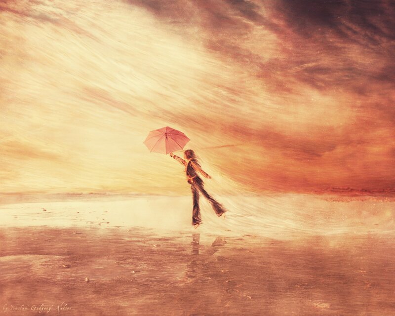 Person with Umbrella on Beach — Orange