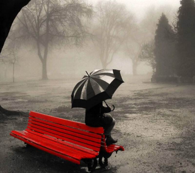 Person with Umbrella on Bench — Red, Melancholic, Winter
