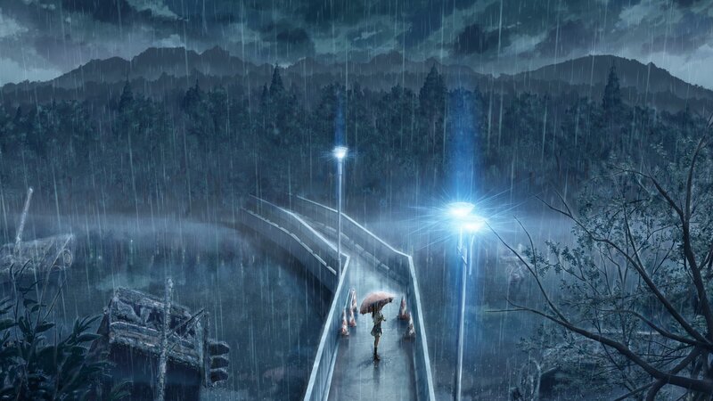 Person with Umbrella on Bridge — Blue, Dramatic, Night, Digital Art