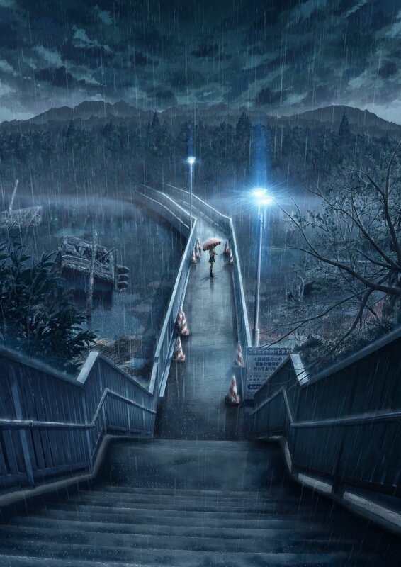 Person with Umbrella on Bridge — Blue, Dramatic