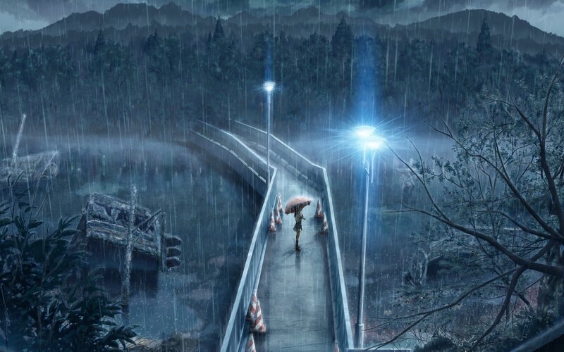 Person with Umbrella on Bridge — Blue, Melancholic