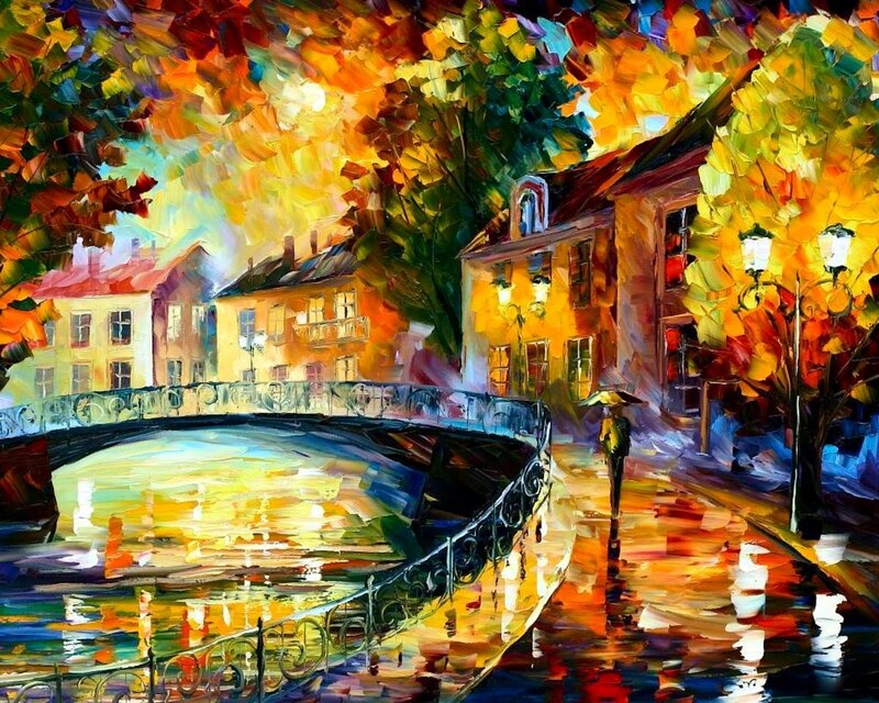 Person with Umbrella on Bridge — Yellow