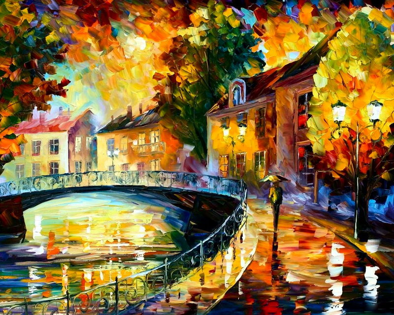 Person with Umbrella on Bridge — Yellow, Vibrant