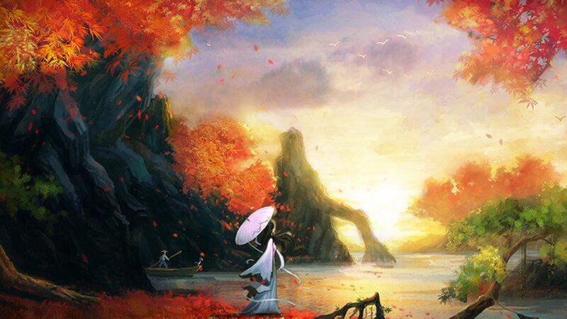 Person with Umbrella on Shore