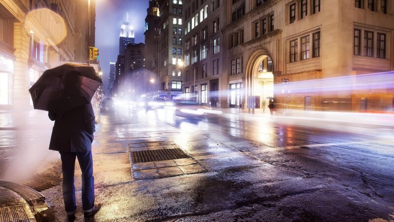 Person with Umbrella on Street — Black, Dramatic, Night, Photograph