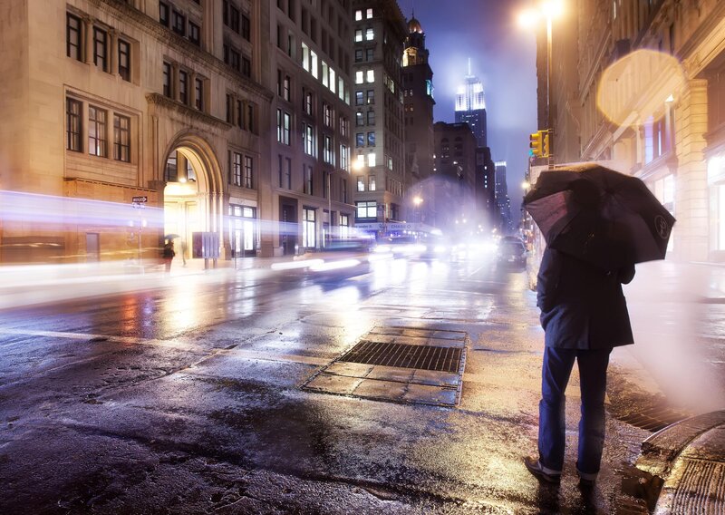 Person with Umbrella on Street — Black, Dramatic, Night