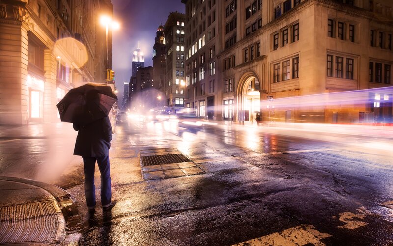 Person with Umbrella on Street — Black, Dramatic