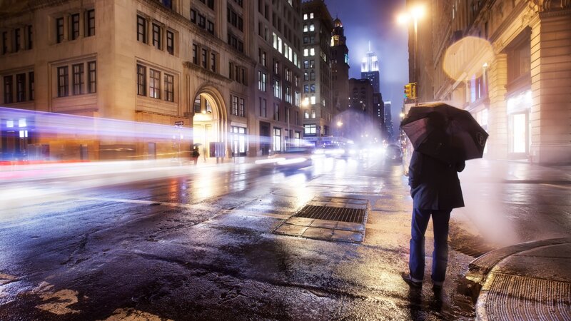 Person with Umbrella on Street — Black