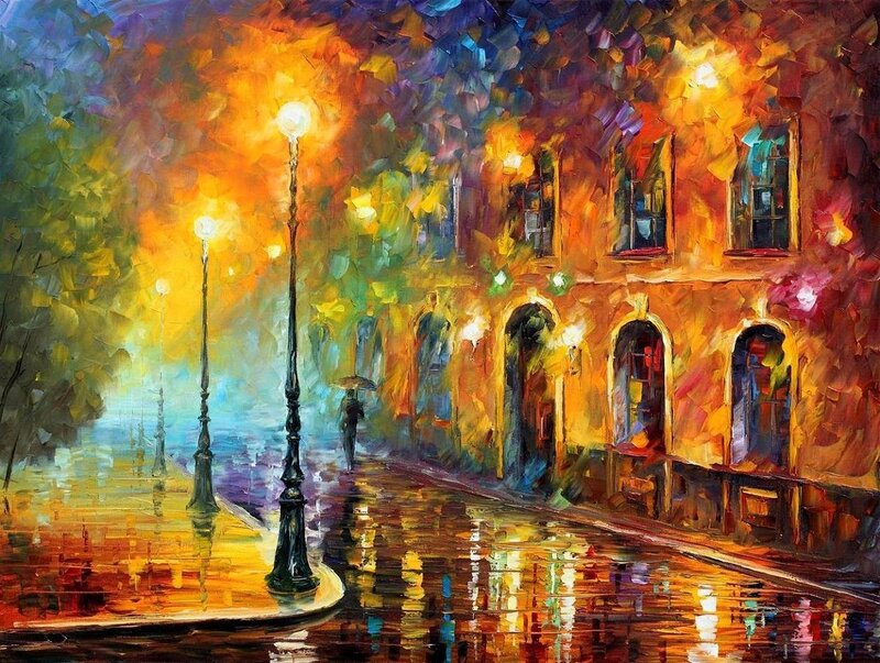 Person with Umbrella on Street — Yellow, Dramatic, Night