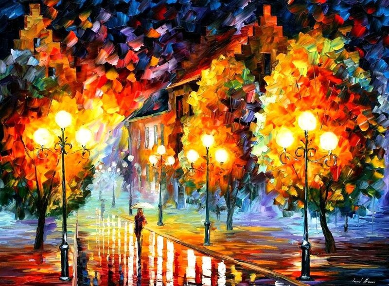 Person with Umbrella on Street — Yellow, Vibrant, Night