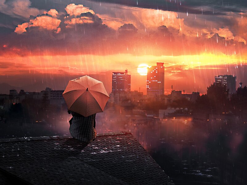 Person with Umbrella — Orange, Dramatic, Sunset, Digital Art