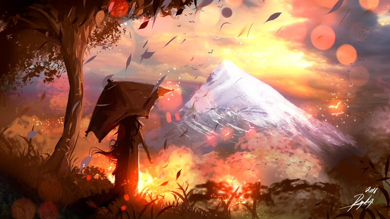 Person with Umbrella — Orange, Dramatic, Sunset