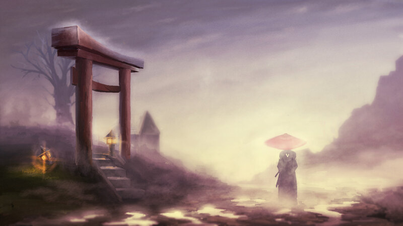 Person with Umbrella — Purple, Misty