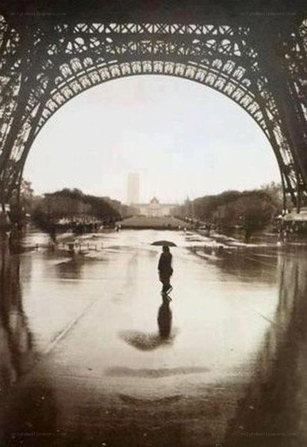 Person with umbrella under Eiffel Tower