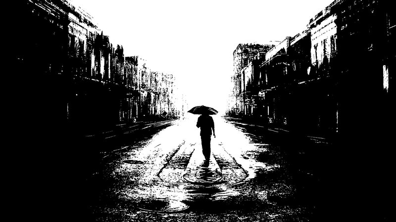 Person with Umbrella Walking — Black, Dramatic, Illustration