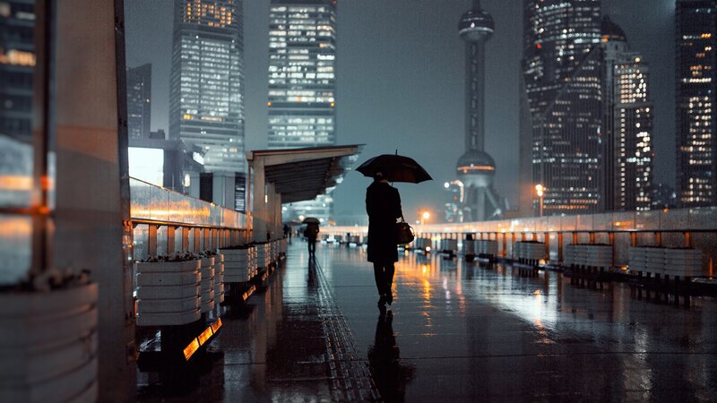Person with Umbrella Walking — Black, Dramatic, Night