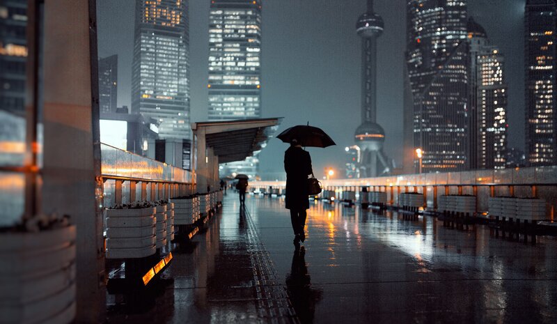 Person with Umbrella Walking — Black, Moody