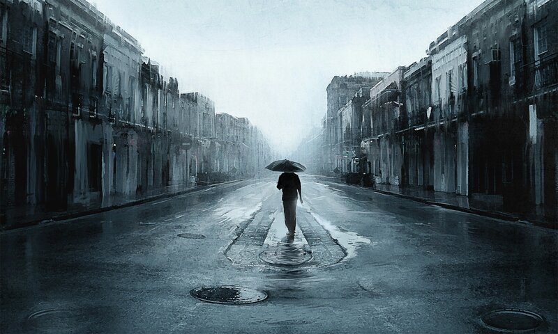 Person with Umbrella Walking — Gray, Melancholic, Night