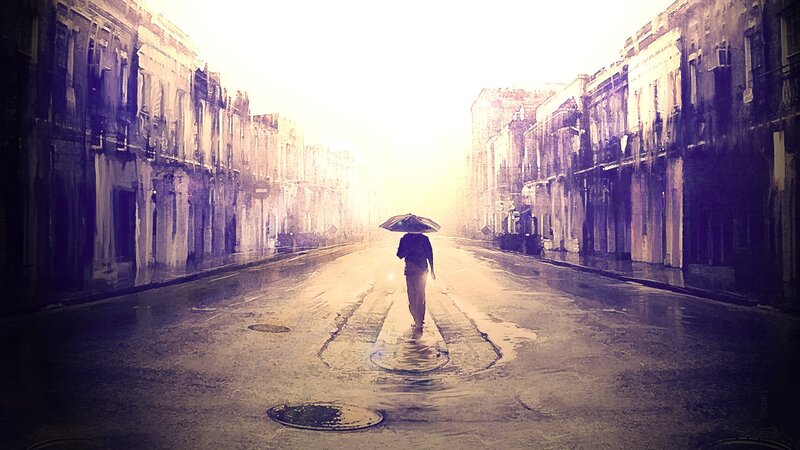 Person with Umbrella Walking — Yellow, Melancholic