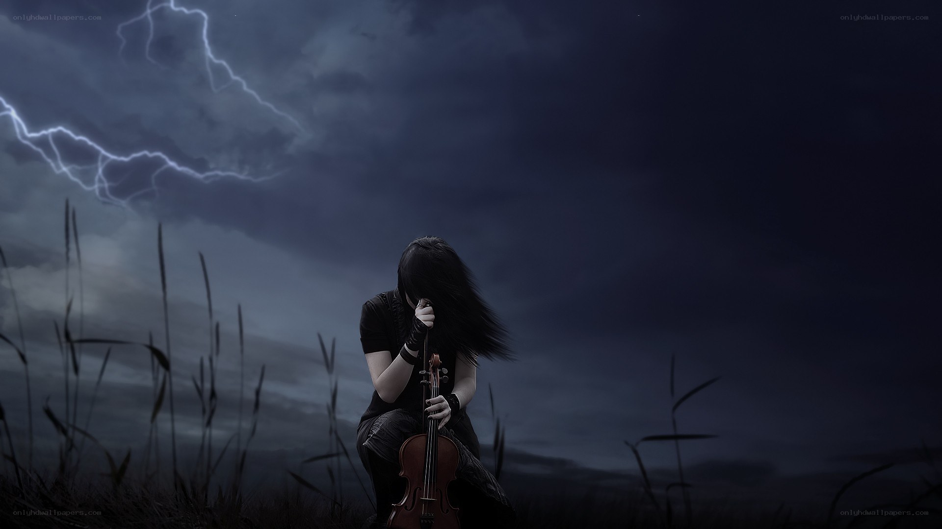 Person with violin in storm