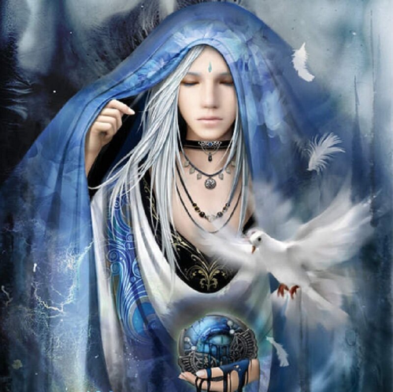 Person with White Hair and Dove