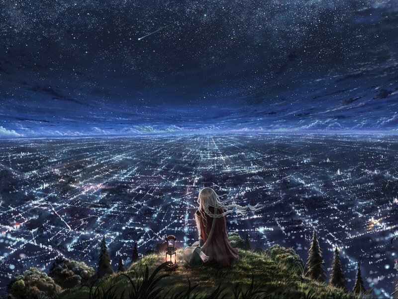 Person with White Hair — Blue, Serene, Night, Digital Art, Lantern