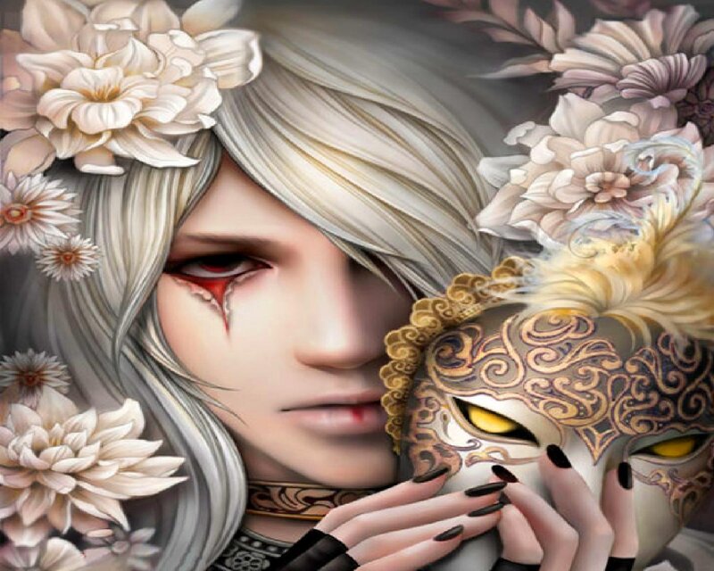 Person with White Hair — Dramatic, Digital Art, Mask