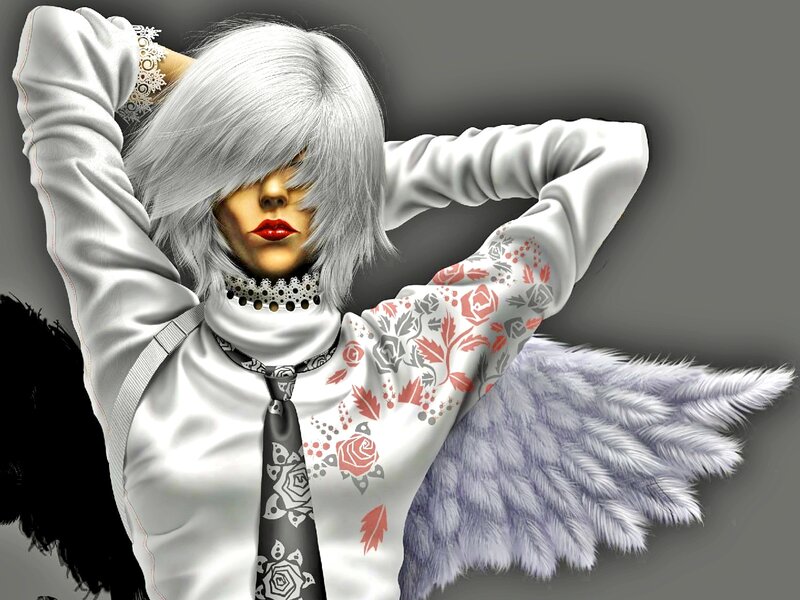 Person with White Hair — Dramatic, Digital Art, Wings, Tie