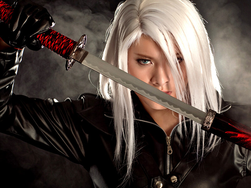 Person with White Hair Holding Sword — Dramatic