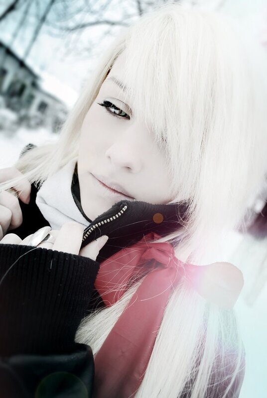 person with white hair in winter