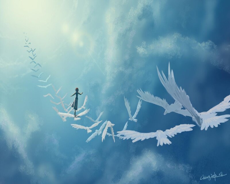 Person with White Wings — Blue, Serene
