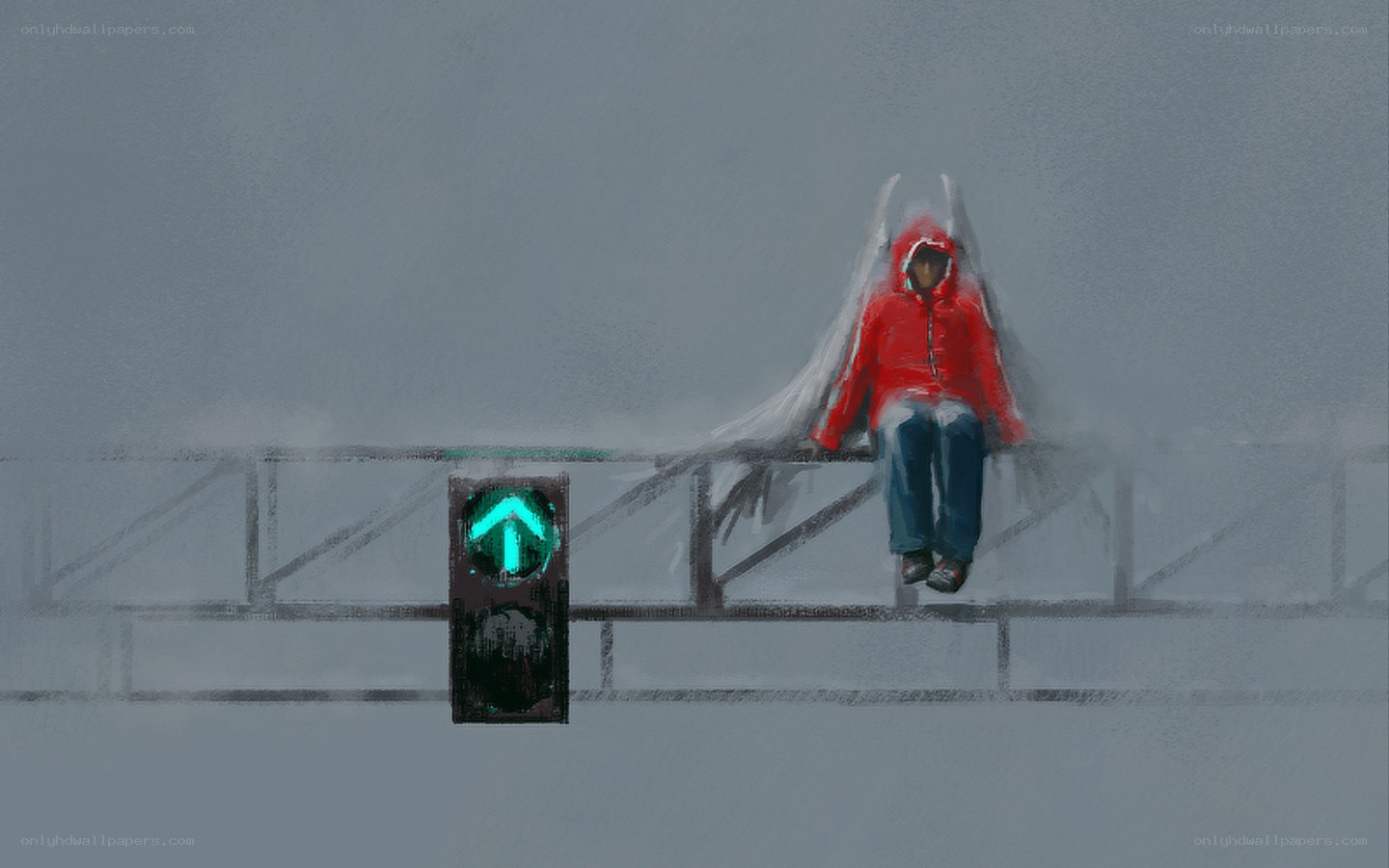 person with wings on bridge