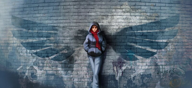 Person with Wings on Wall — Gray