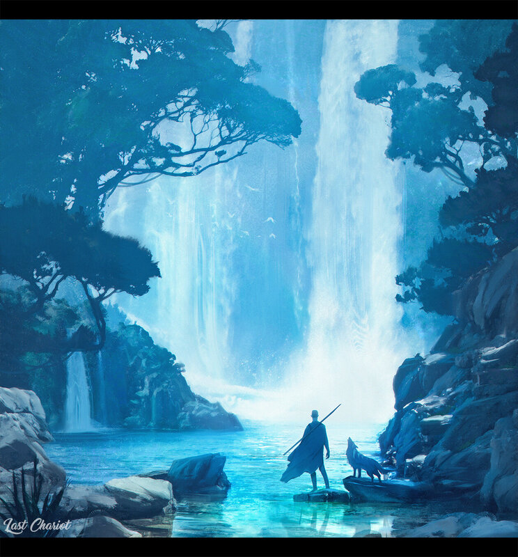 Person with Wolf by Waterfall