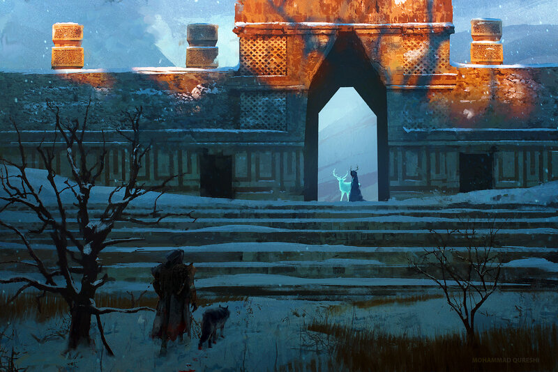 Person with Wolf in Snow — Blue