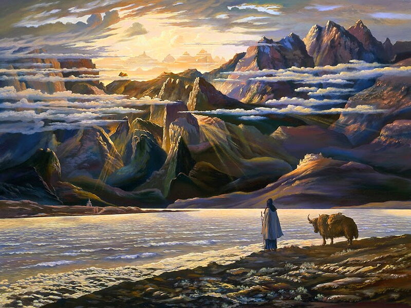 Person with Yak by Lake