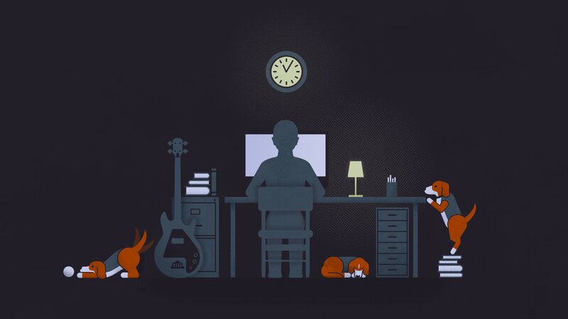 person working at desk with dogs