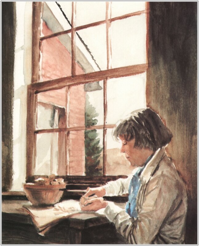 person writing by window