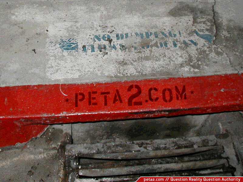 PETA2.com stenciled on red rail